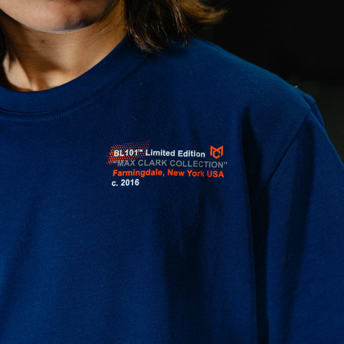 Navy blue t-shirt with red and white text and logo on a dark background