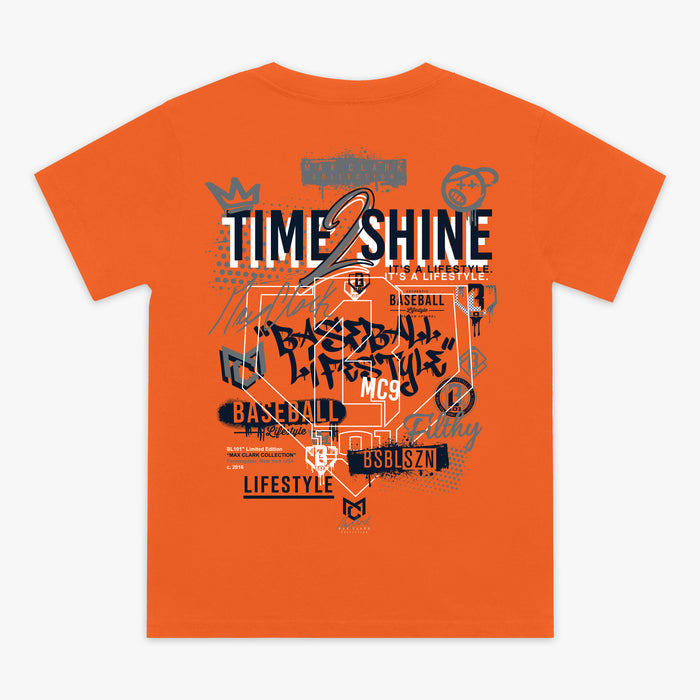 Orange Max Clark youth graphic tee — back view