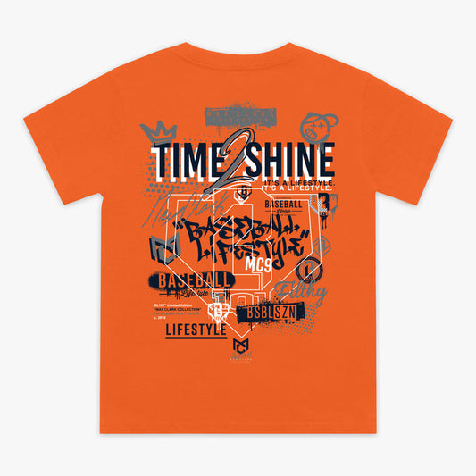 Orange Max Clark youth graphic tee — back view