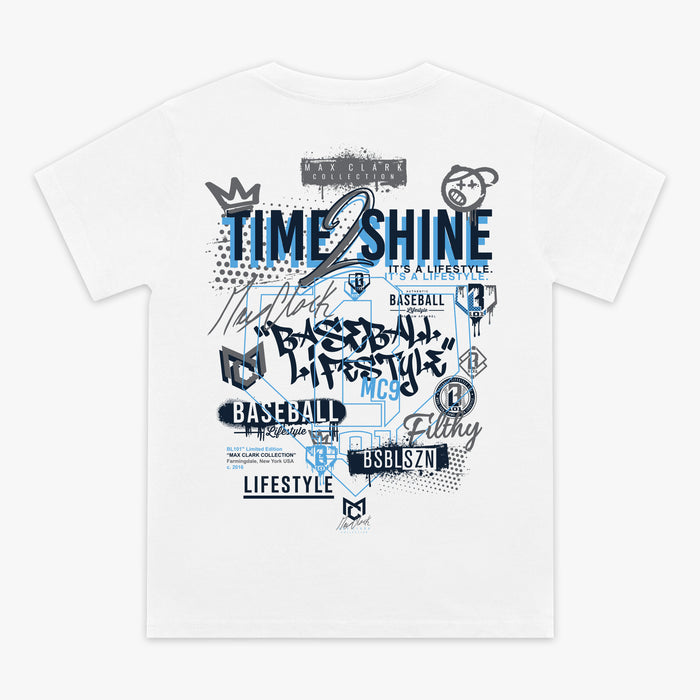 White t-shirt with black and blue graphic designs and text on a white background