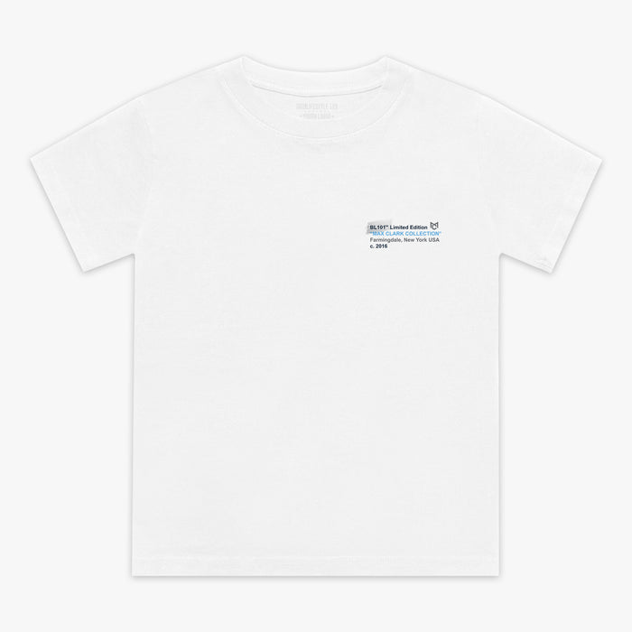White t-shirt with a small logo on the chest against a white background