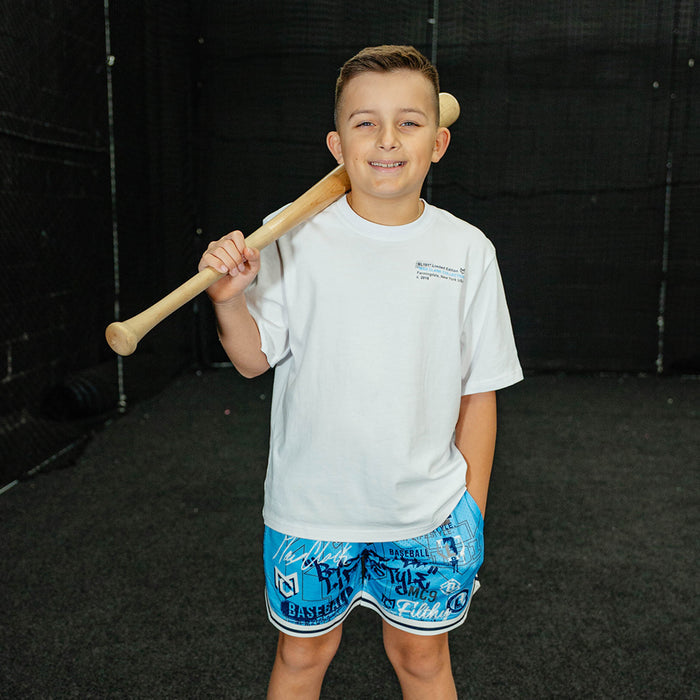 Young boy holding a baseball bat in front of a black netting