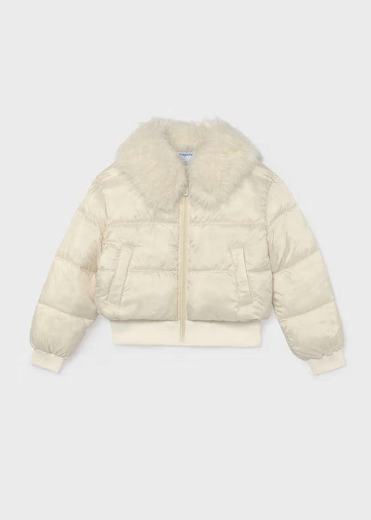 Mayoral Puffer Jacket w/ Faux Fur Collar-Natural