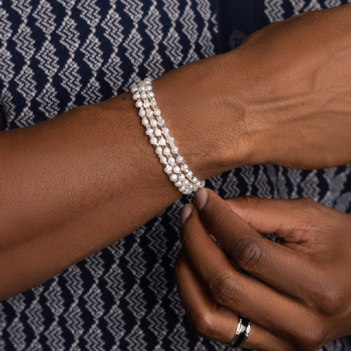 Melbourne Collection - Men's Silver Wrap-Around Bracelet with Pearls