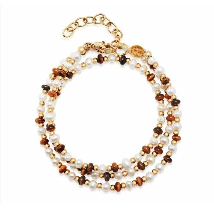 Men’s Wrap Bracelet with White Pearls, Tiger Eye, and Gold beads
