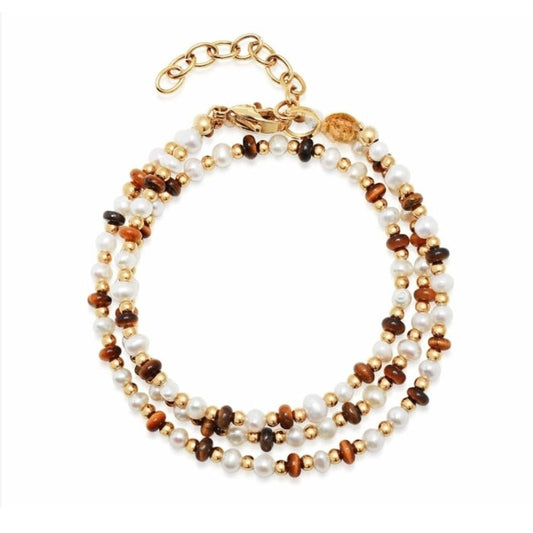 Men’s Wrap Bracelet with White Pearls, Tiger Eye, and Gold beads
