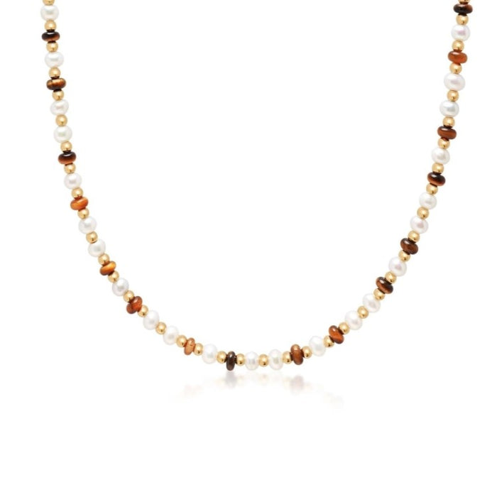 Theodore Men’s Wrap Bracelet with White Pearls, Tiger Eye, and Gold beads