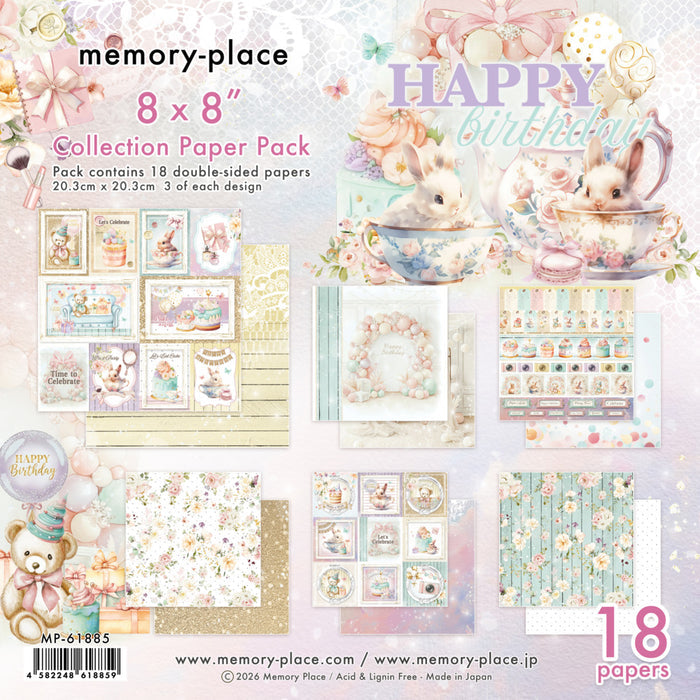 Memory Place 8X8 Collection Pack Happy Birthday. Includes 18 sheets  80lbs double sided. Available at Embellish Away located in Bowmanville Ontario Canada.