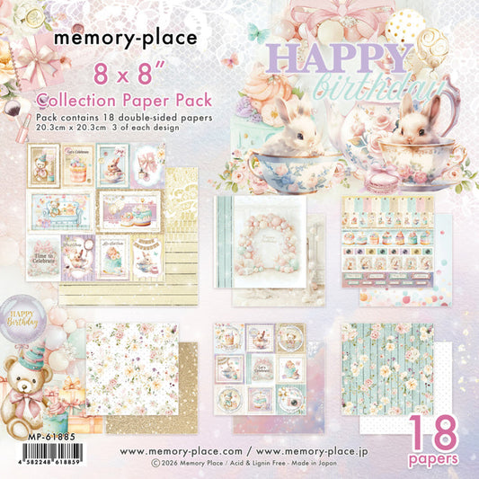 Memory Place 8X8 Collection Pack Happy Birthday. Includes 18 sheets  80lbs double sided. Available at Embellish Away located in Bowmanville Ontario Canada.