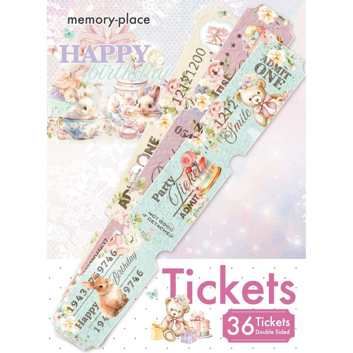 Memory Place Tickets Happy Birthday - 36/Pkg - Double-Sided. Each ticket approx. 2.1" x 0.9". Available at Embellish Away located in Bowmanville Ontario Canada.