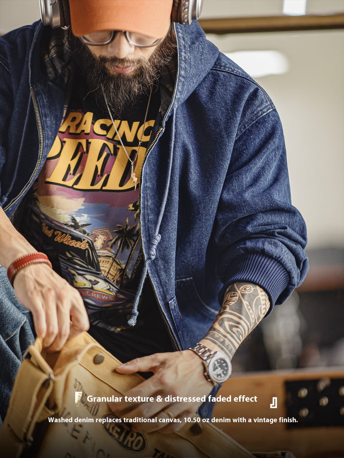 Men's American Retro Washed Hooded Denim Jacket — Workwear Style