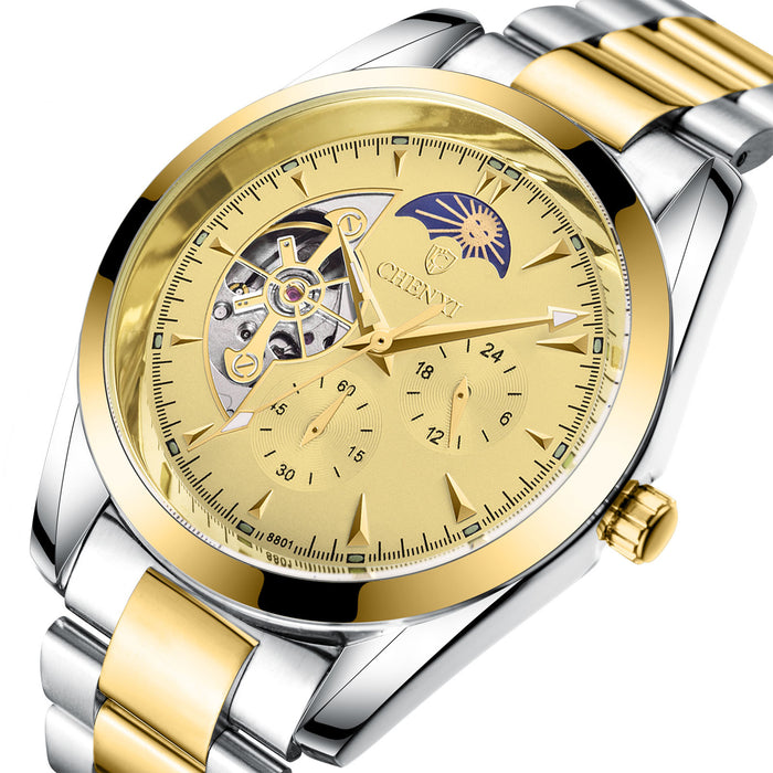 Men's Business Mechanical Watch — Luminous Moon Phase Stainless Steel