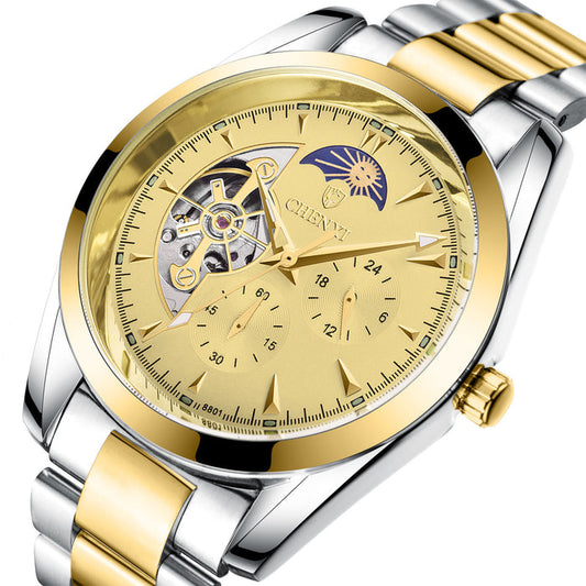 Men's Business Mechanical Watch — Luminous Moon Phase Stainless Steel