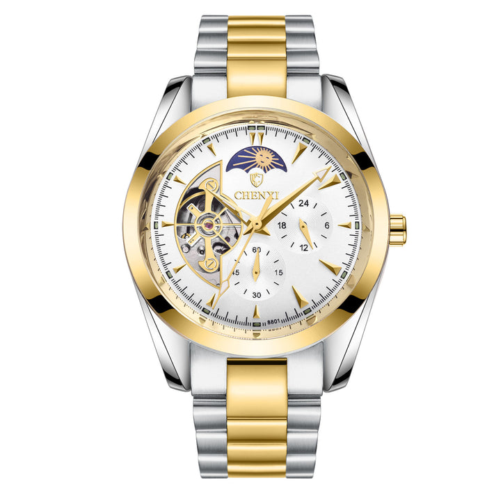 Men's Business Mechanical Watch — Luminous Moon Phase Stainless Steel