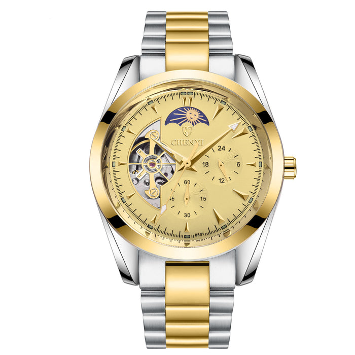Men's Business Mechanical Watch — Luminous Moon Phase Stainless Steel