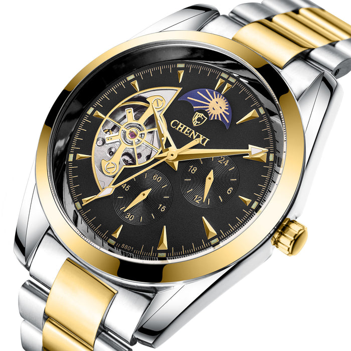 Men's Business Mechanical Watch — Luminous Moon Phase Stainless Steel