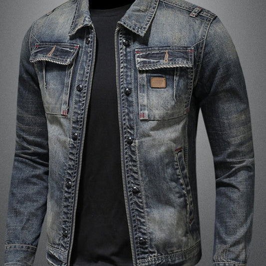 Men's Distressed Vintage Denim Jacket - European American Style