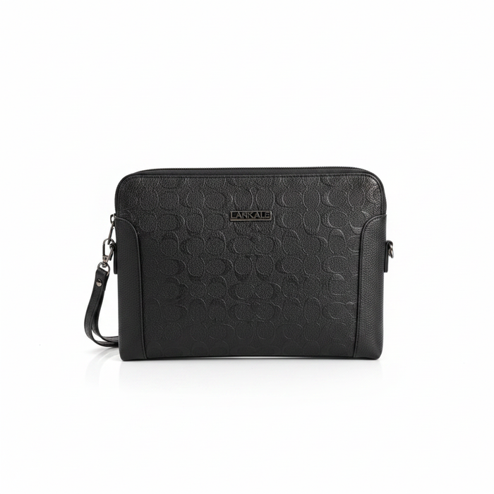 Men's black embossed leather clutch wristlet bag on white background