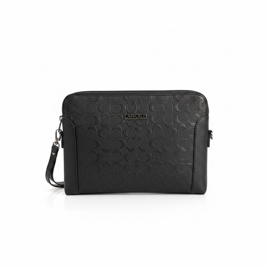 Men's black embossed leather clutch wristlet bag on white background