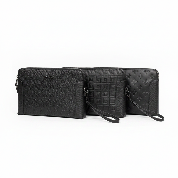 Three men's black embossed leather clutch bags on white background