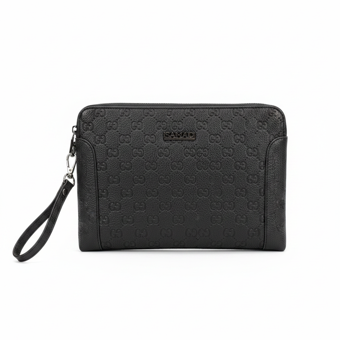 Men's black GG monogram embossed clutch wristlet on white background