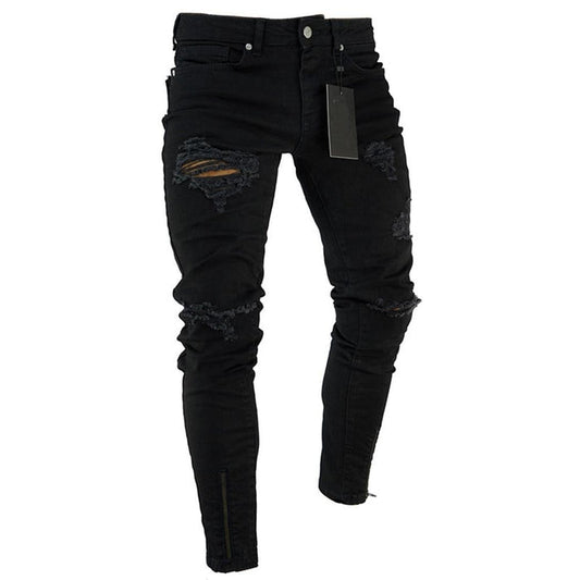 Men's Ripped Slim Fit Jeans — Low Waist Stretch Pencil Trousers