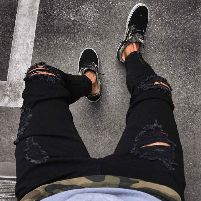 Men's Ripped Slim Fit Jeans — Low Waist Stretch Pencil Trousers