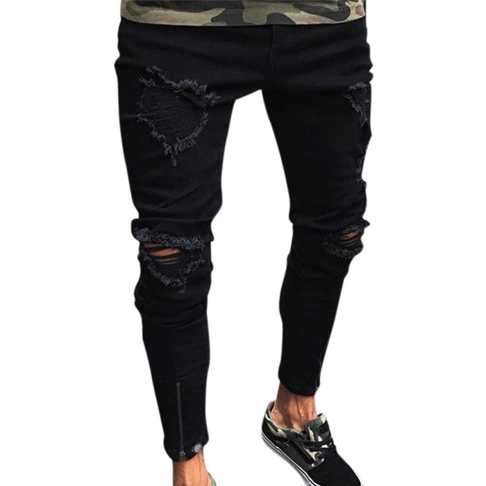 Men's Ripped Slim Fit Jeans — Low Waist Stretch Pencil Trousers