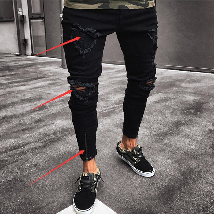 Men's Ripped Slim Fit Jeans — Low Waist Stretch Pencil Trousers