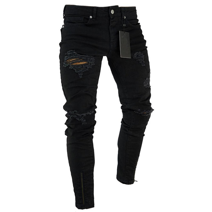 Men's Ripped Slim Fit Jeans — Low Waist Stretch Pencil Trousers