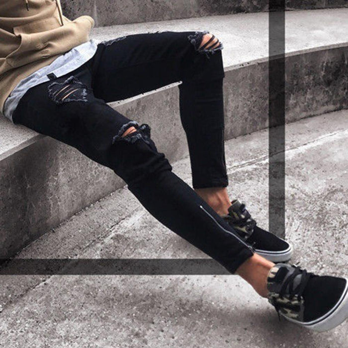 Men's Ripped Slim Fit Jeans — Low Waist Stretch Pencil Trousers