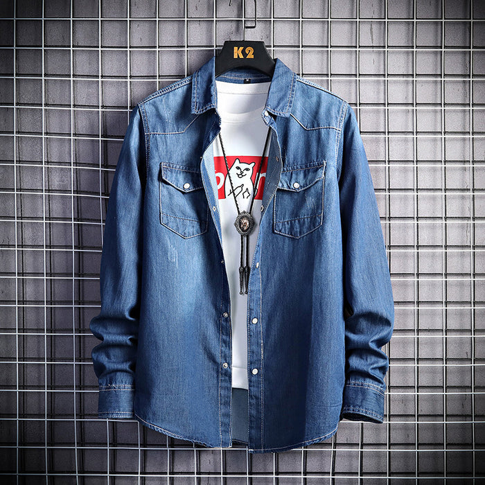 Men's Slim Fit All-Match Denim Jacket — Light & Dark Blue Casual Style