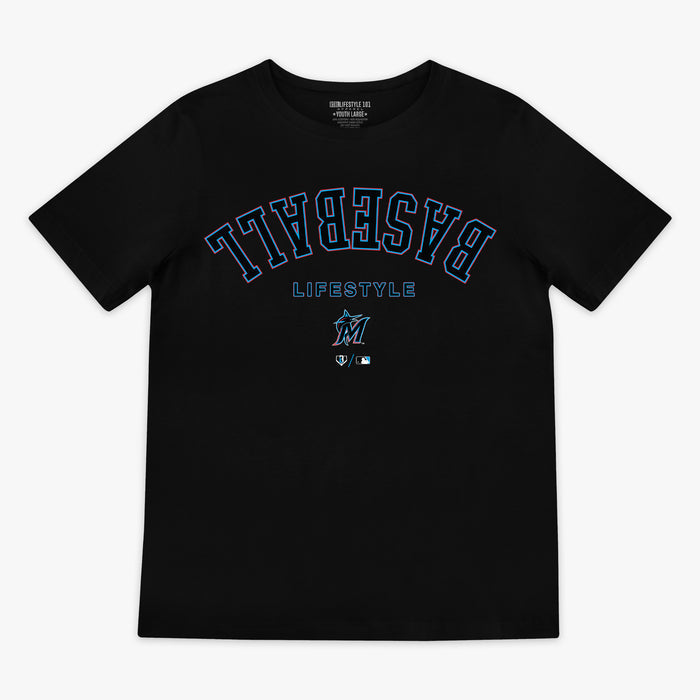Black youth graphic tee with "Miami Marlins Upside Down" design — front view