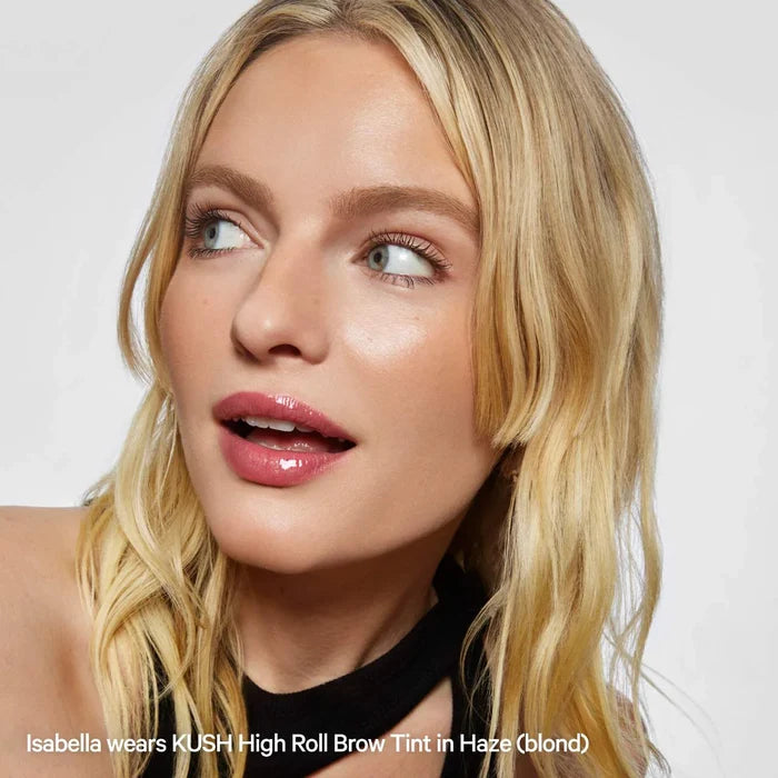 Milk Makeup Kush High Roll defining eyebrow gel in shades, with a close-up view of the tinted gel tube and applicator.