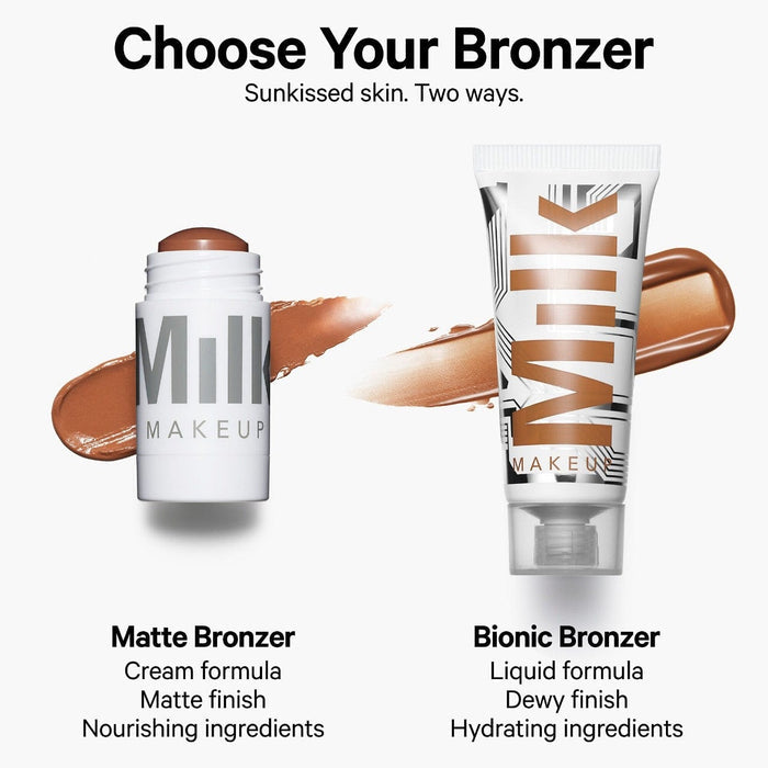 Assorted shades of Milk Makeup Matte Bronzer Baked in 5-7g containers, displayed in a beauty product image.