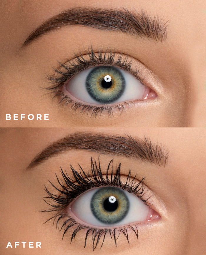 close up of before and after images for mascara