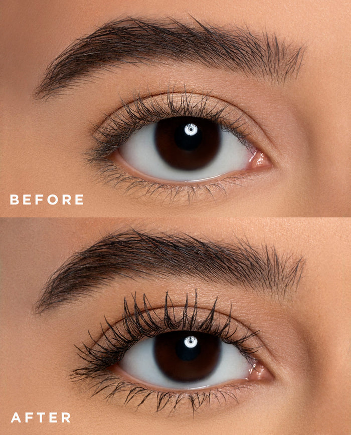 close up of before and after images for mascara