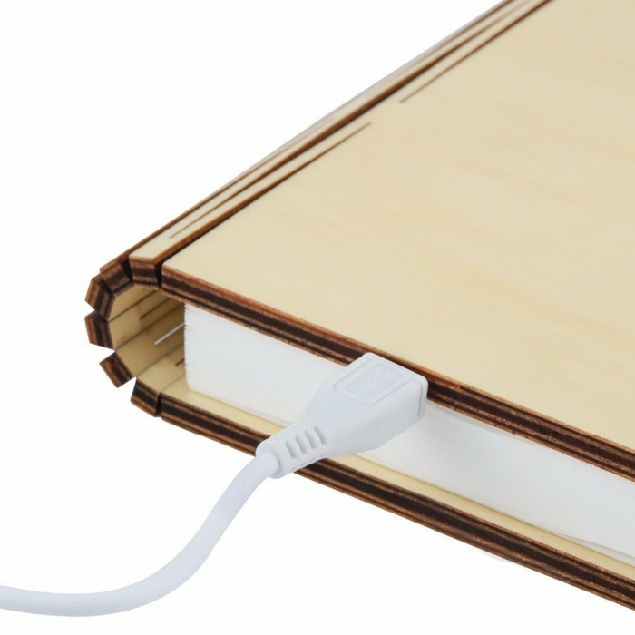 Mini wood booklight plugged in with white power cord