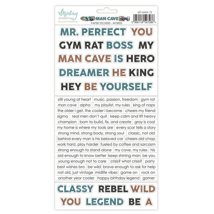 Mintay - 6X12 Paper Stickers - Man Cave - Words. A strong masculine vibe, created around hobbies. At Embellish Away in Bowmanville Ontario Canada.