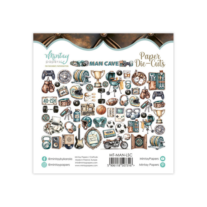 Mintay - Paper Die Cuts - Man Cave. Includes 60 pieces. Available at Embellish Away in Bowmanville Ontario Canada. Perfect for Father's Day.