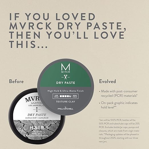 MITCH by Paul Mitchell Dry Paste Texture Clay for Men, High Hold, Ultra-Matte Finish, For All Hair Types, 3 oz