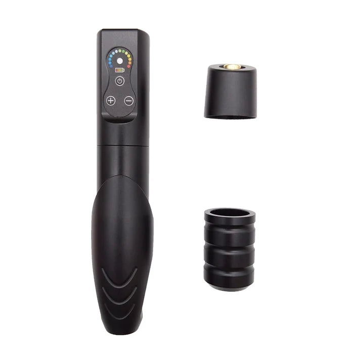 Close-up view of the MO Wireless Permanent Makeup Tattoo Pen Machine in black, showcasing its digital display and interchangeable grip. Ideal for those looking for a dependable Permanent Makeup wireless machine and Pmu machine.