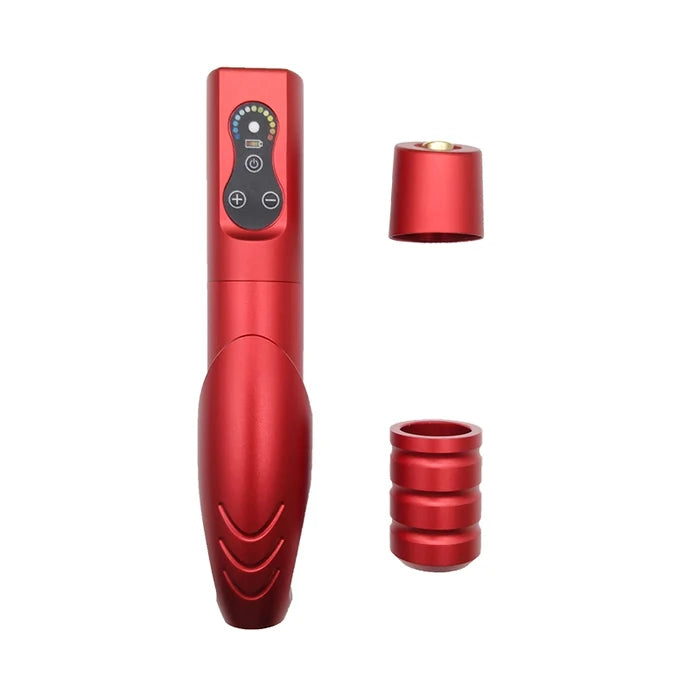 Vibrant red MO Wireless Permanent Makeup Tattoo Pen Machine displayed with interchangeable grip, designed for optimal performance. A top selection for anyone seeking a Permanent Makeup wireless machine and Pmu machine.