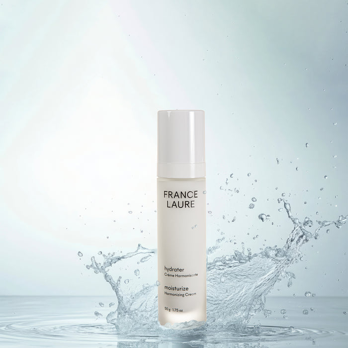 France Laure Hydrater Moisturize Harmonizing Cream 50g bottle with water splash, showcasing hydration for all skin types