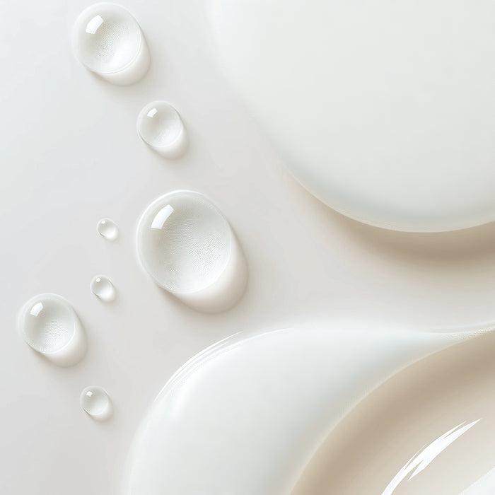 Close-up of clear hydrating serum droplets and creamy skincare texture, showcasing lightweight moisture for all skin types.