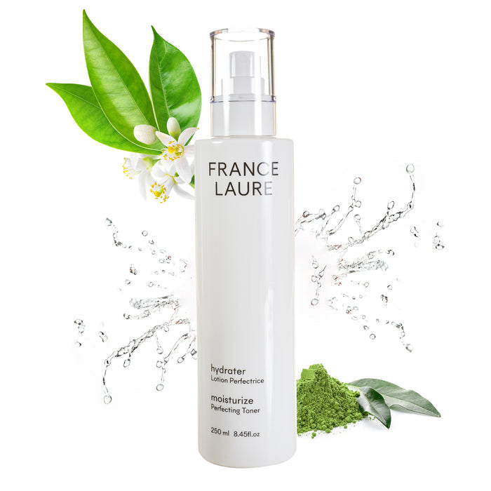 France Laure hydrater moisturize perfecting toner with green leaves, white flowers, and water splashes for fresh skin care