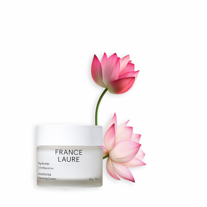 France Laure hydrater moisturize repairing cream jar with pink lotus flowers, 50g face care product for all skin types