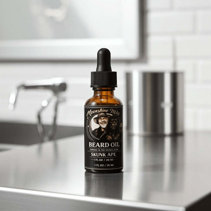 Fort Denaud Beard and Skin Moonshine Mike Skunk Ape beard oil in an amber glass dropper bottle on a metal counter.