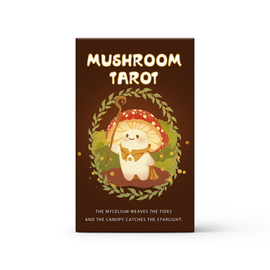 Mushroom tarot card deck box with illustrated mushroom character and gold title text