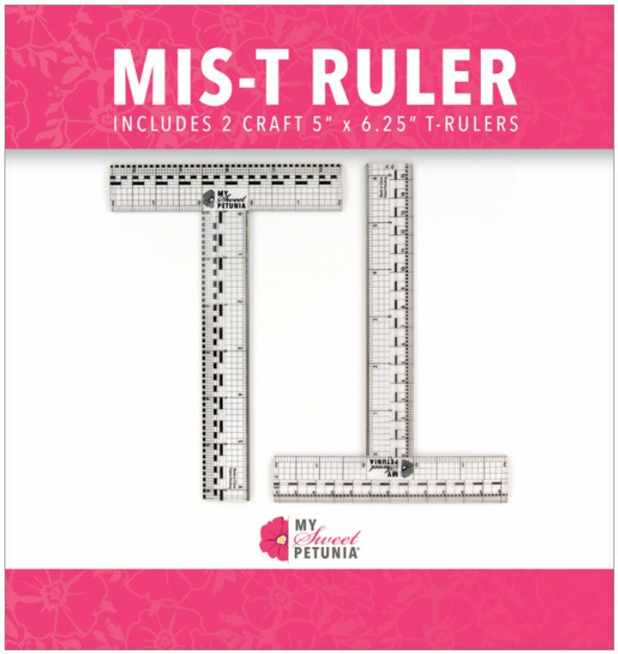 My Sweet Petunia - MIS-T Rulers. Designed and sized for papercrafters, the My Sweet Petunia Mis-T Ruler includes metric and imperial clear T rulers, with multiple units of measure, an inset steel ruler for cutting and a see through design that allows you to get perfect lines and cuts every time. Metal edge for cutting, Centering ruler on short and long side of T-square, Short side of the T-ruler is 5 inches, Long side is 6.25 inches. Available at Embellish Away located in Bowmanville Ontario Can